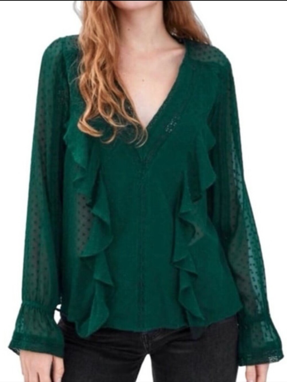 Zara Green Ruffle V-Neck Sheer Blouse